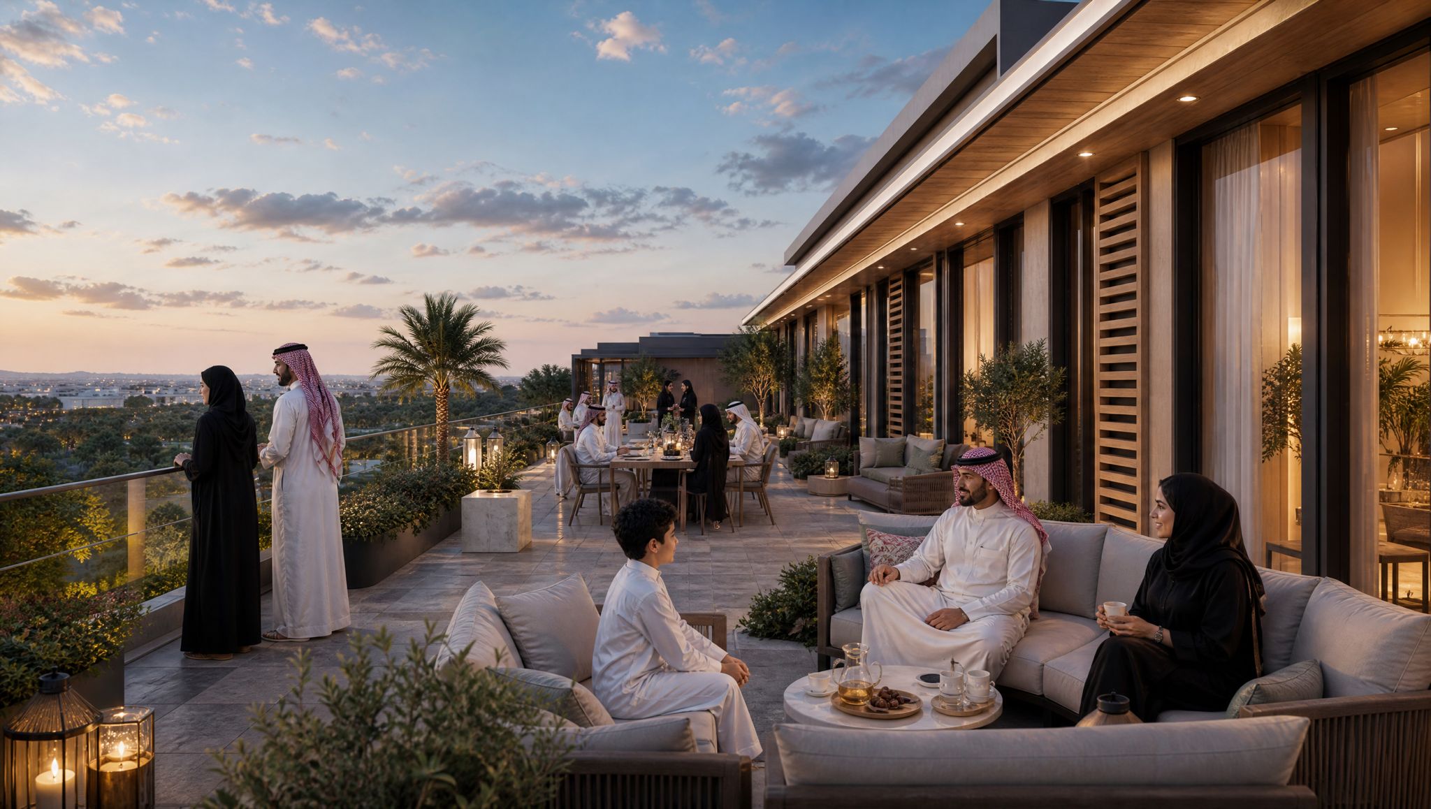 Padel Living Residences — rooftop terrace with Jeddah skyline